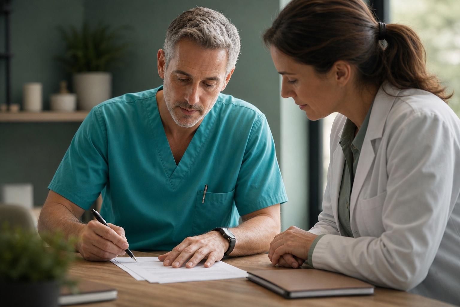 Two healthcare professionals reviewing an agreement at a desk.